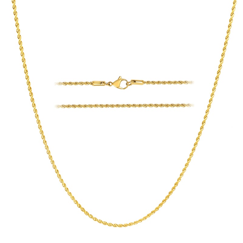 KISPER 18k Gold Hip Hop Rope Chain Necklace â€“ 2mm Thin Gold Plated Stainless Steel Jewelry for Women & Men with Lobster Clasp, 22" - Image 1